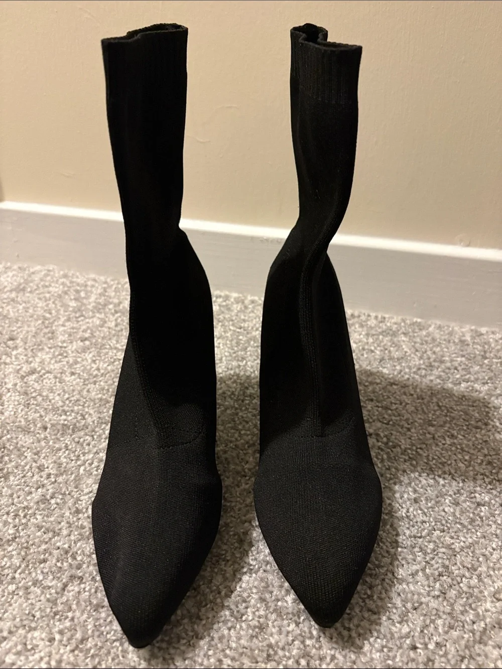 Black Stretch Knit Heeled Sock Boots - Women